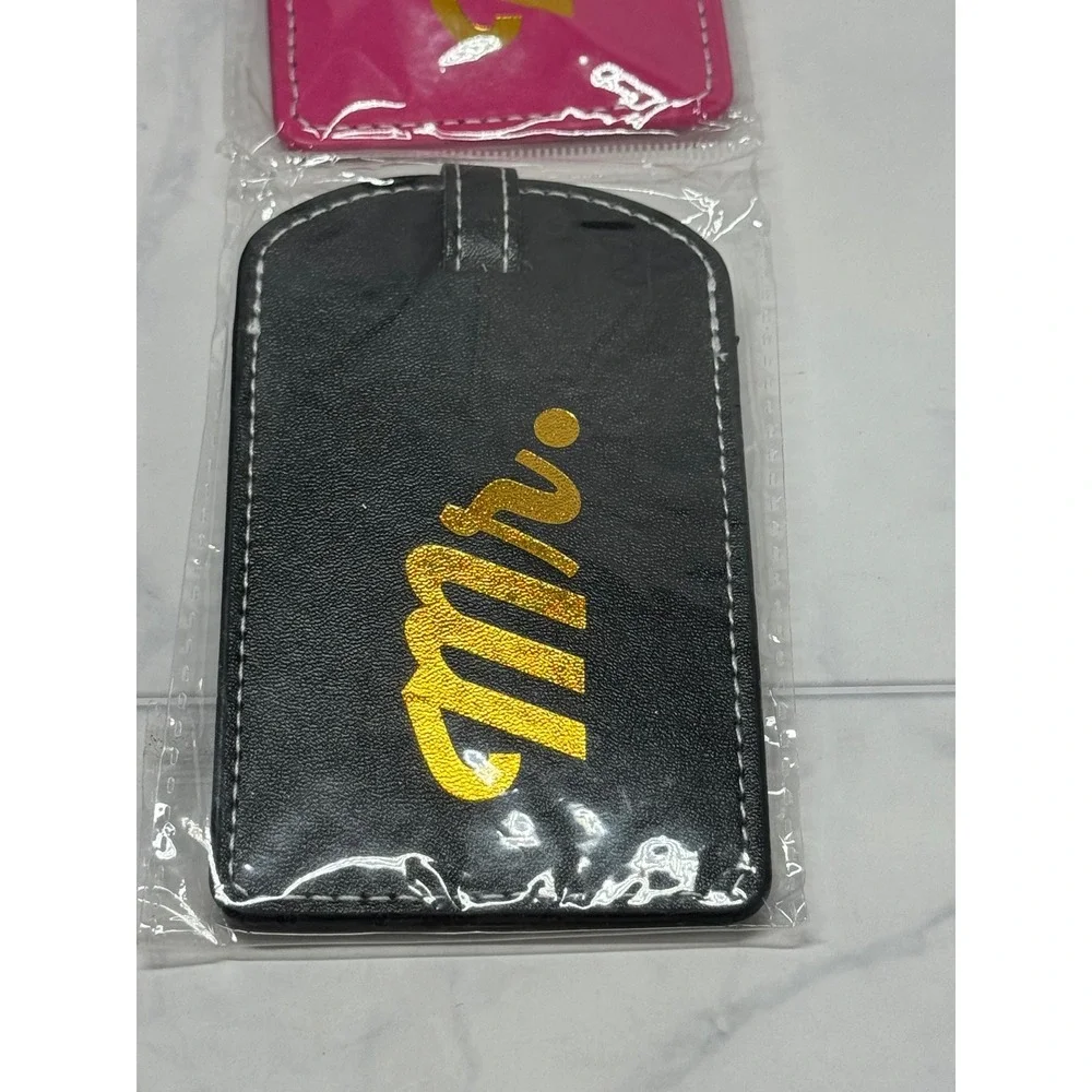 Celebrate It Mr and Mrs Luggage Tags Set 2pc Pink Black Gold Faux Leather NWT